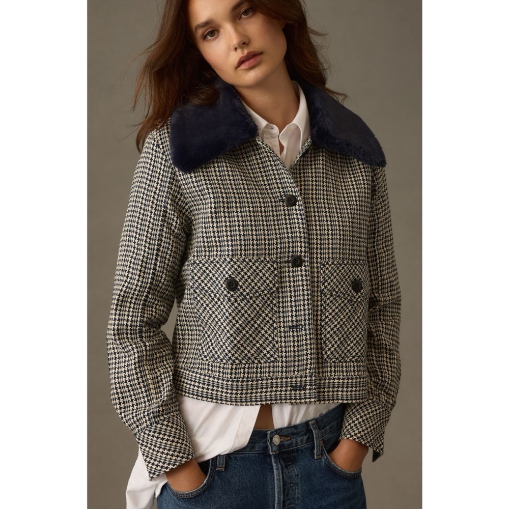 EUC Anthropologie Maeve Tweed Blue Faux Fur-Collar Herringbone Jacket Large - Picture 10 of 10